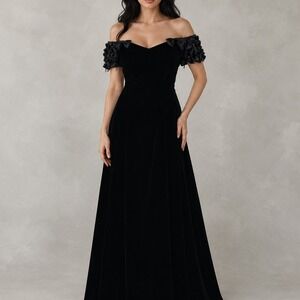 Vintage 90s Black Velvet Gothic Gown Off Shoulder Vampy Whimsigoth Dress Size 6